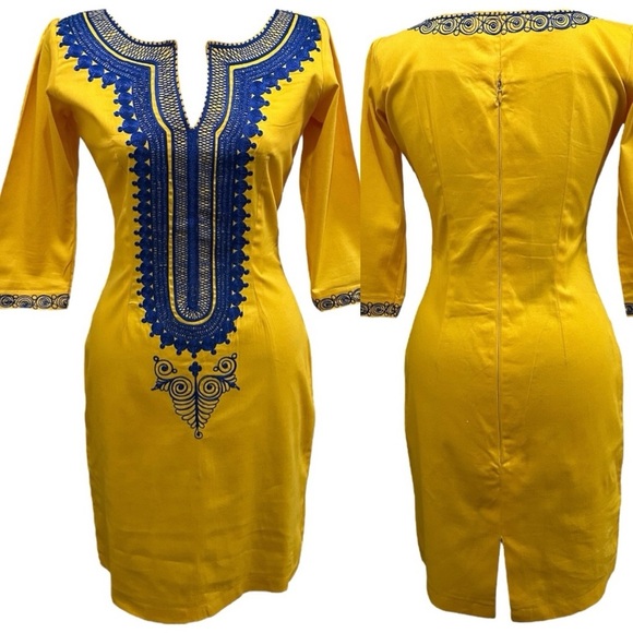 126 Like New | Handmade Women’s Yellow and Blue Embroidered Dress (size S) - Picture 2 of 9